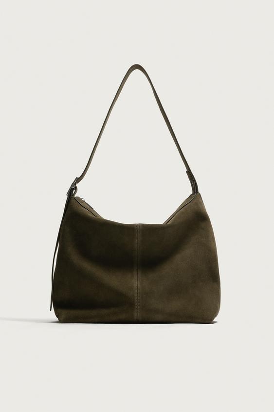 حقيبة كتف جلد - أخضر كاكي الخاص بـ Zara - صورة 0