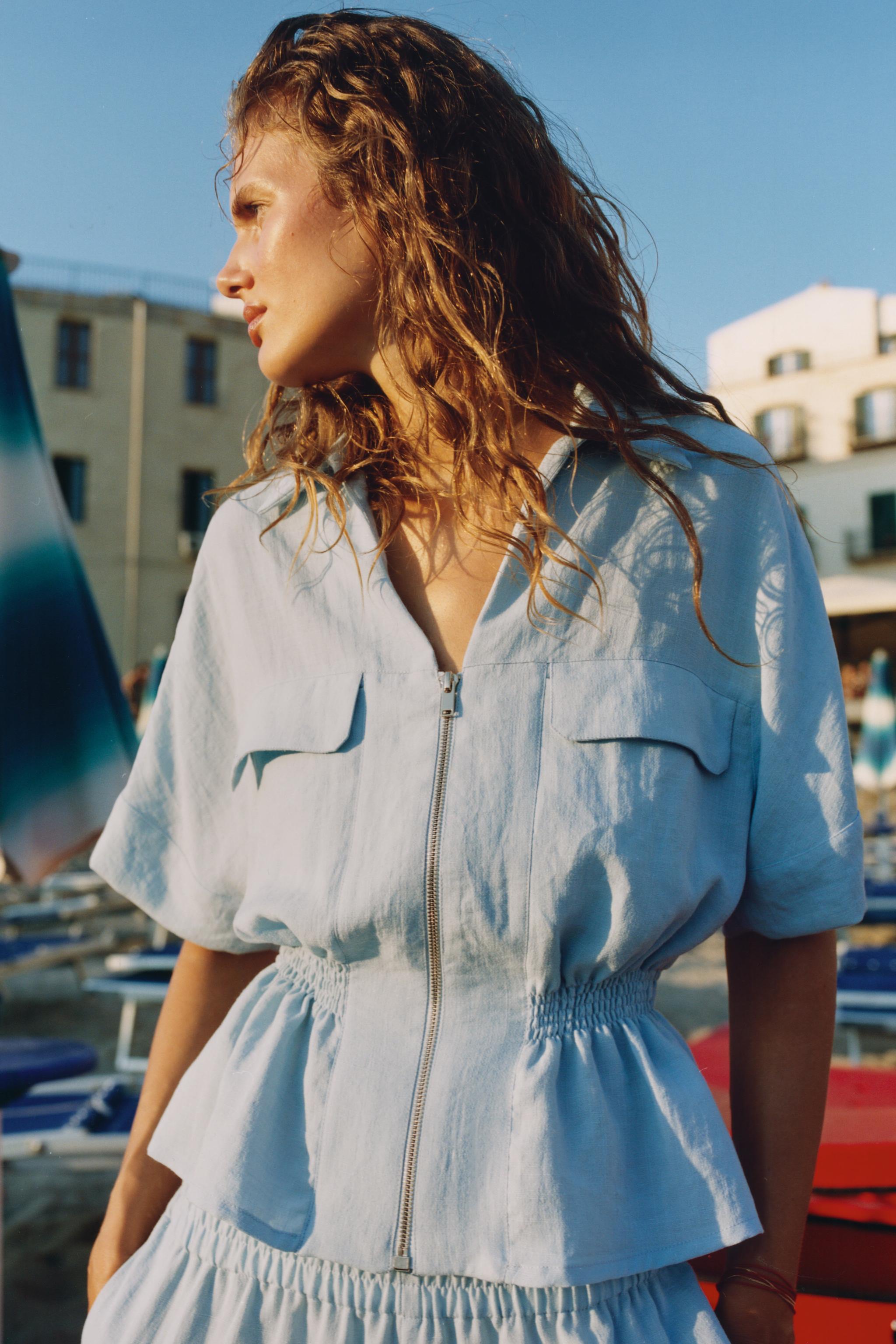 ZIP-UP SAFARI SHIRT — Sky blue