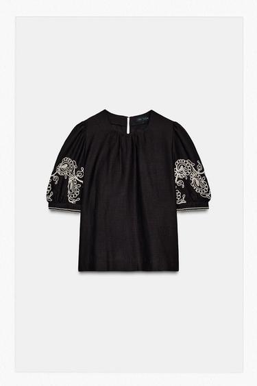 Zara EMBROIDERED LINEN BLEND TOP ZW COLLECTION - Brown