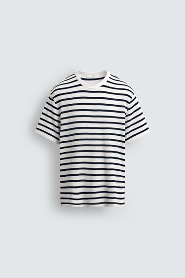 CHECK TEXTURED T-SHIRT - Ecru / Navy by Zara - Image 6