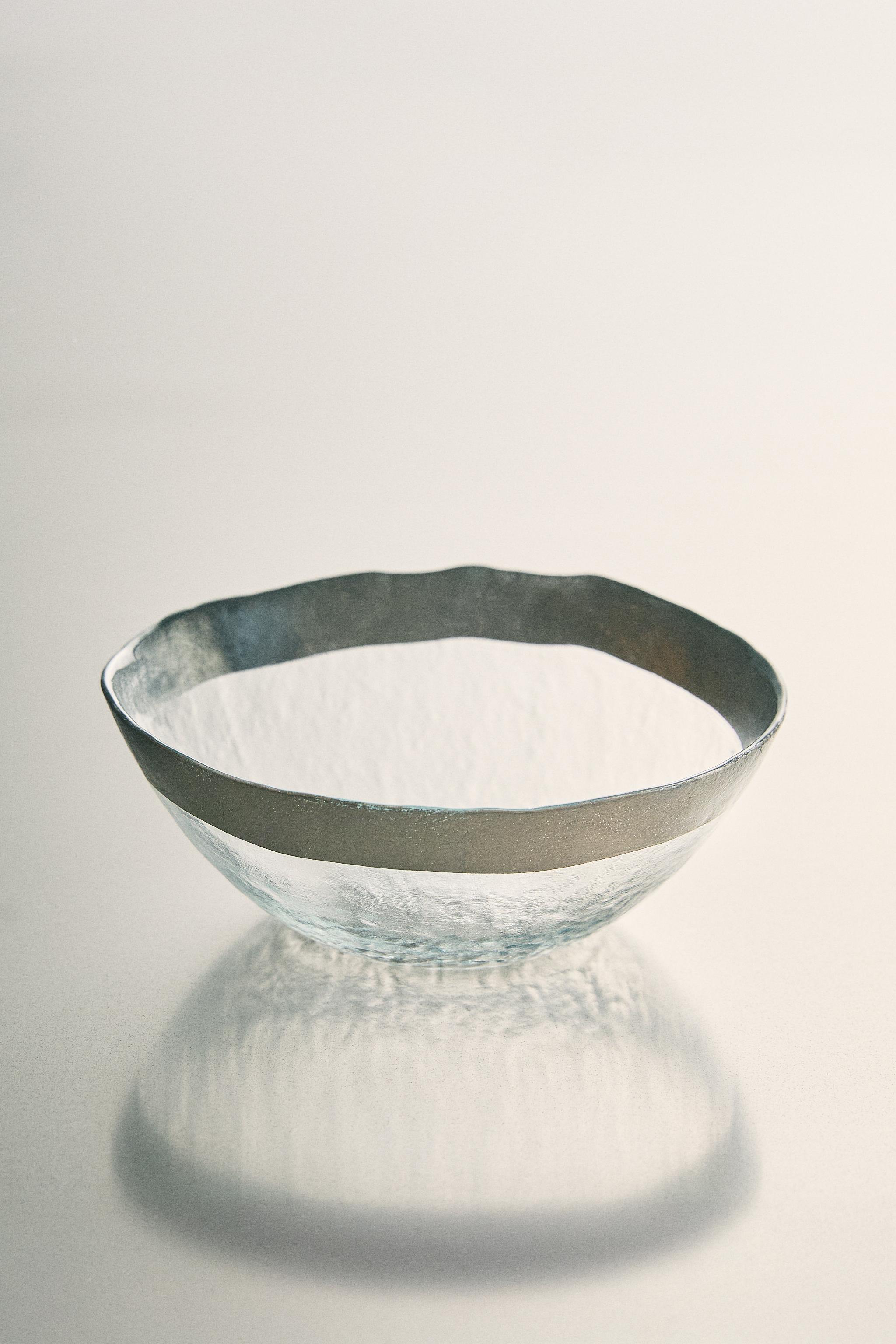 GLASS BOWL WITH RAISED TEXTURE AND SILVER RIM — Silver