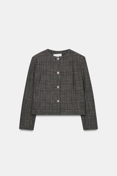 체크 숏 블레이저 - Zara 그레이/ 샌드