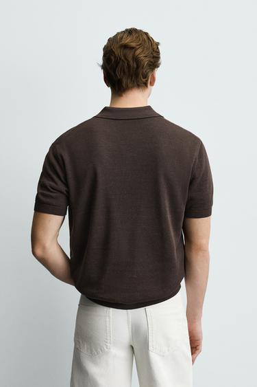 LINEN BLEND KNIT POLO SHIRT - Chocolate by Zara - Image 2