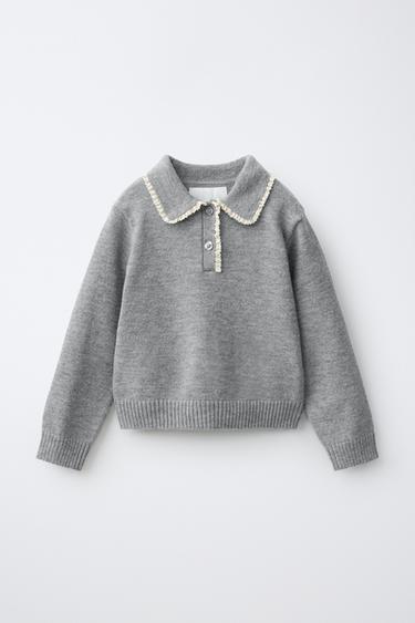 LACE COLLAR KNIT SWEATER — Mid-gray 1