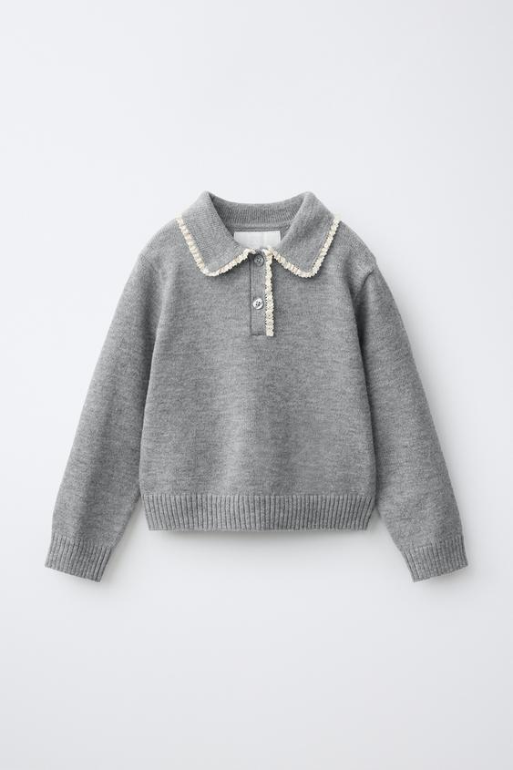 Zara LACE COLLAR KNIT SWEATER - Mid-gray - Image 0