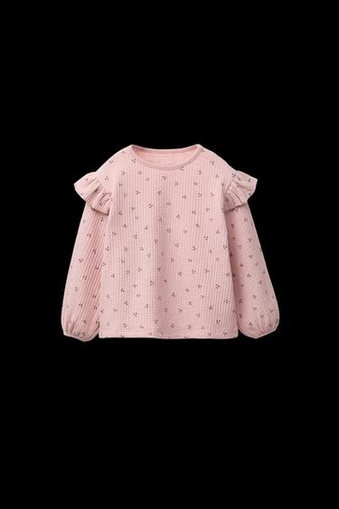 STRUCTURED RUFFLE TRIM T-SHIRT WITH FLORAL PRINT - Pale pink by Zara - Image 0