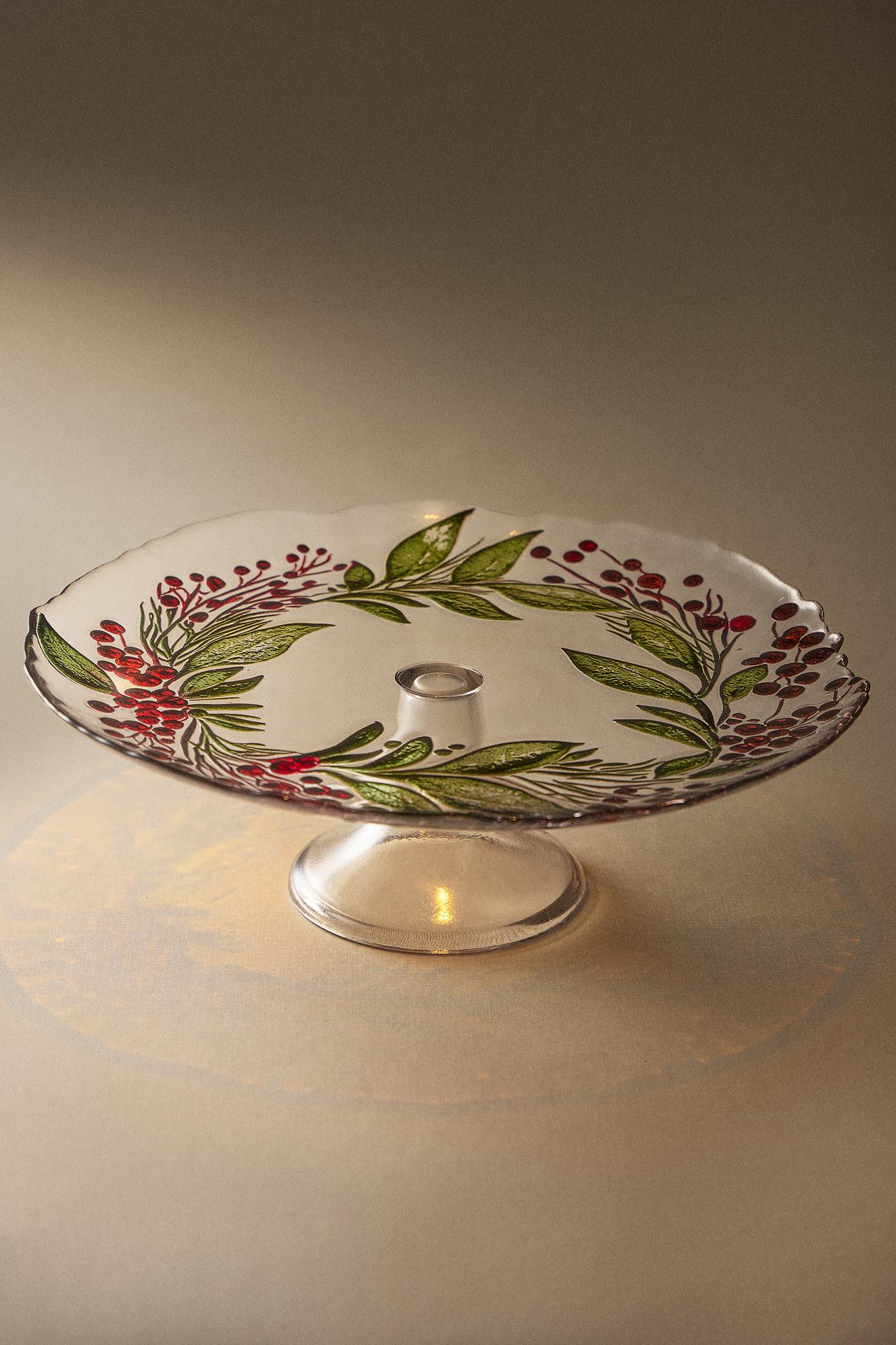 CHRISTMAS GARLAND GLASS SERVING DISH — Green