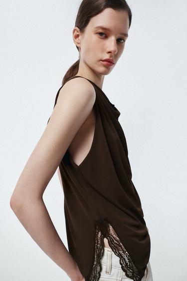 TOP WITH LACE OPENINGS - Brown by Zara