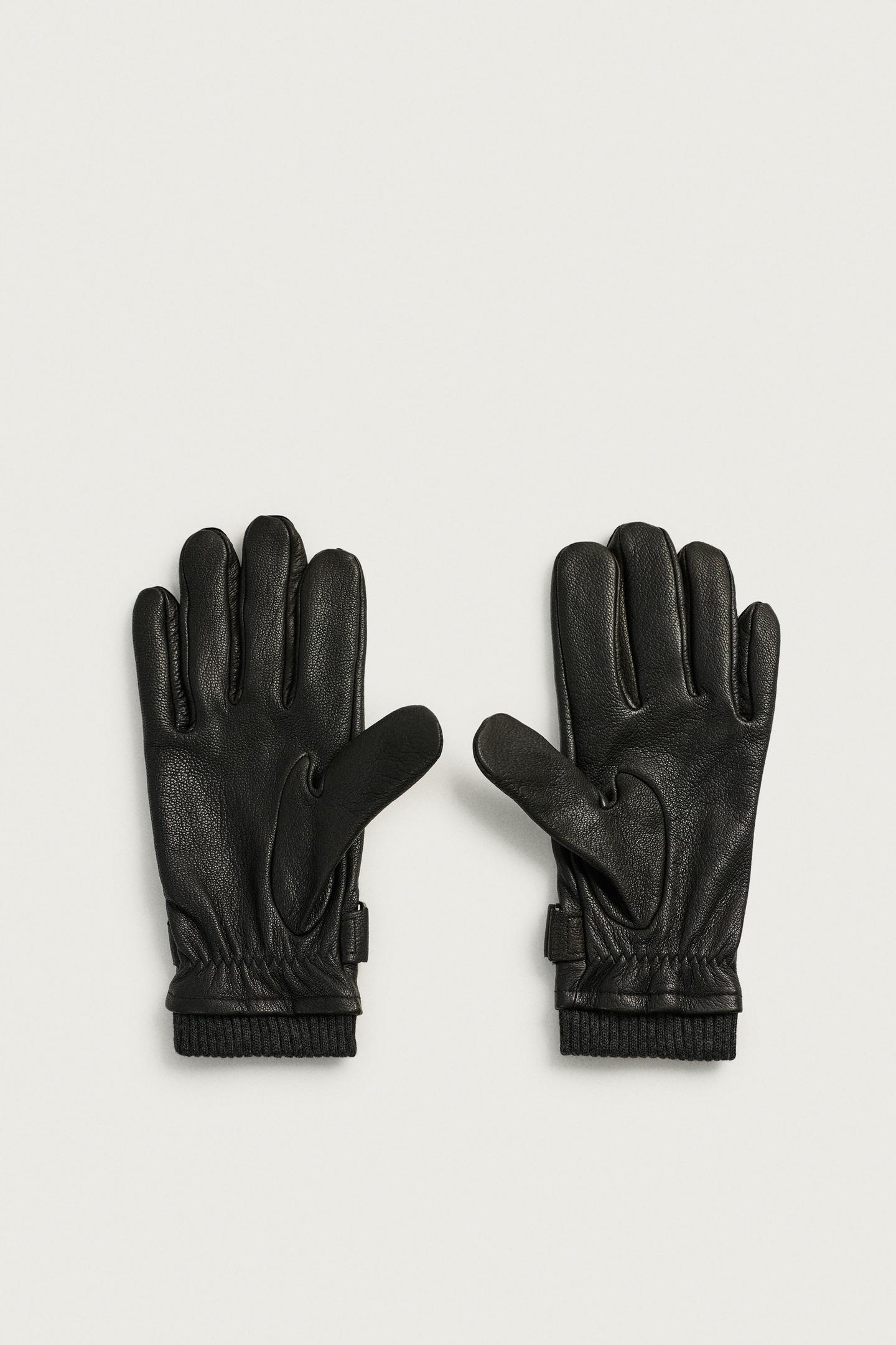 Мужские перчатки Zara Combined Leather and Knit Gloves, цвет: Чёрный — фото 3