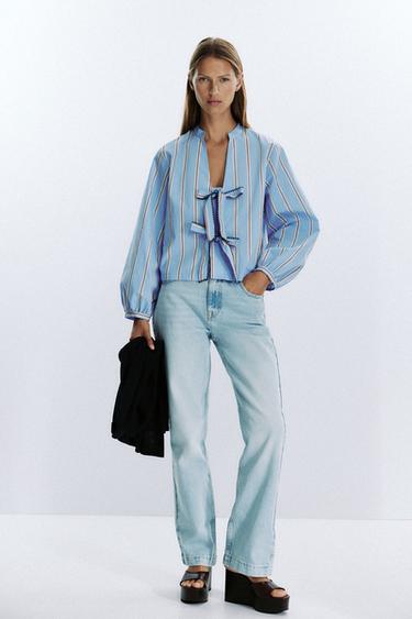 CHEMISE POPELINE RAYURES LACETS - Sable / Bleu de Zara