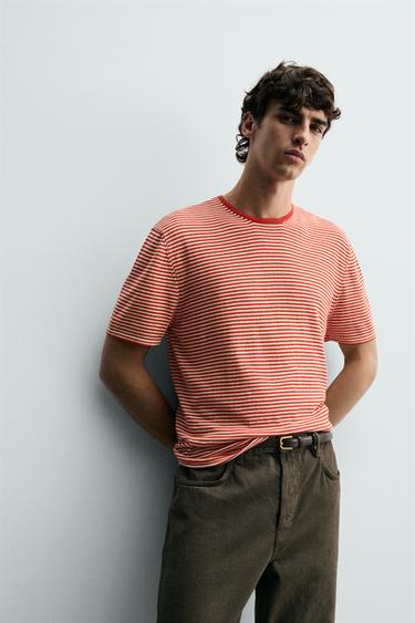 REGULAR FIT STRIPED KNIT T-SHIRT - White / Red by Zara - Image 5