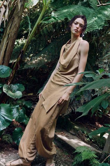 Zara LINEN DRAWSTRING WIDE LEG PANTS - Sand