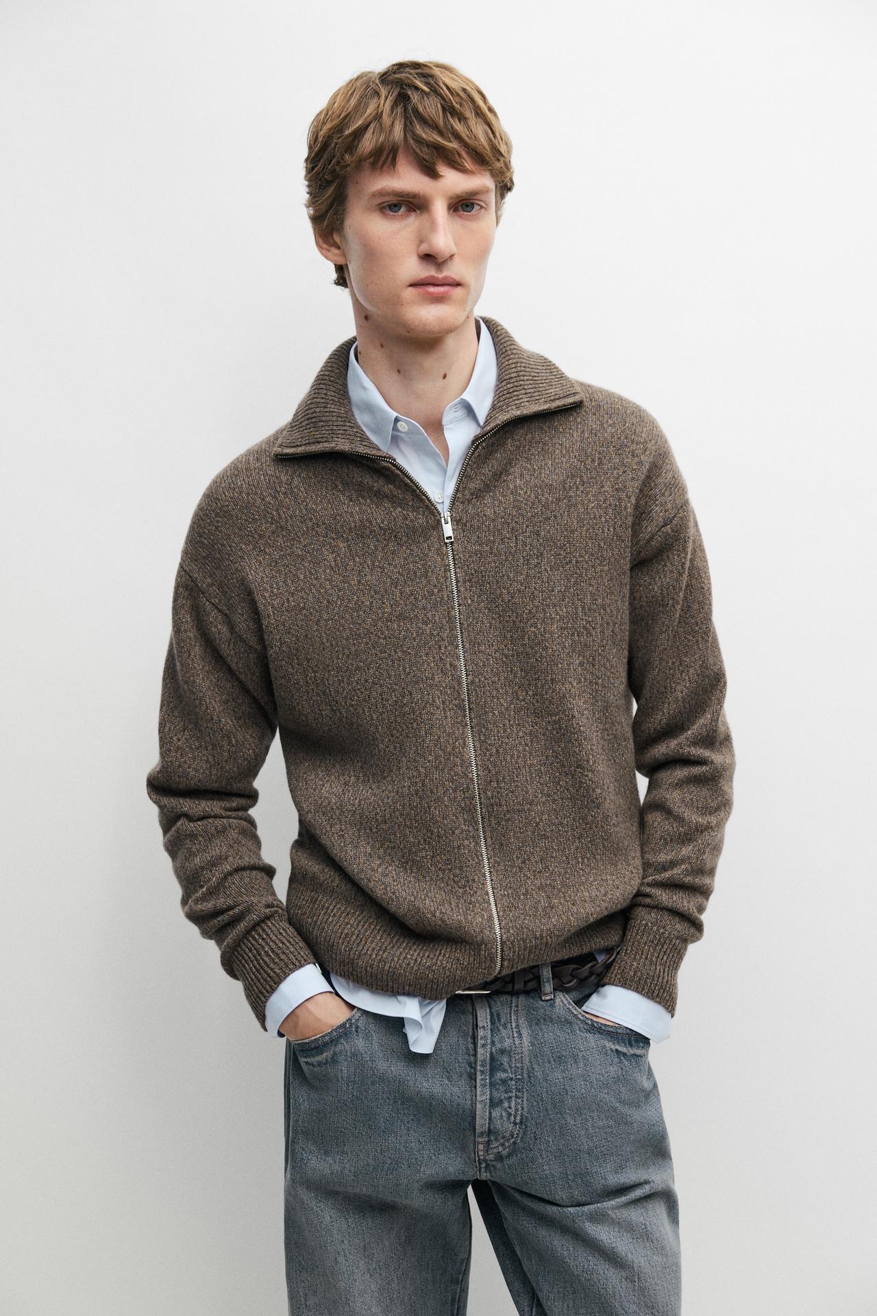 100% wool knit zip-up cardigan — Mink