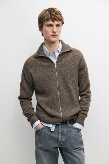 100% wool knit zip-up cardigan — Mink 2