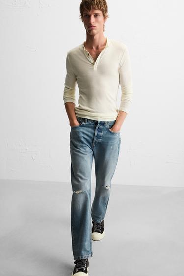 RIPPED REGULAR STRAIGHT-LEG JEANS - Blue by Zara