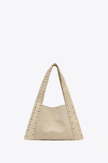 Zara STUDDED SPLIT LEATHER SHOULDER BAG - SAND/BROWN