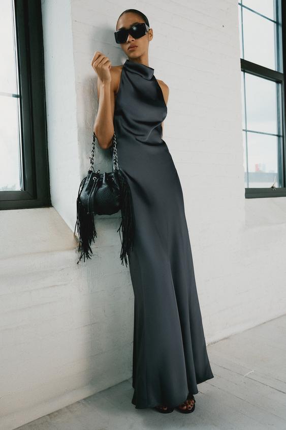 VESTIDO HALTER SATINADO - Carbón de Zara - Imagen 0