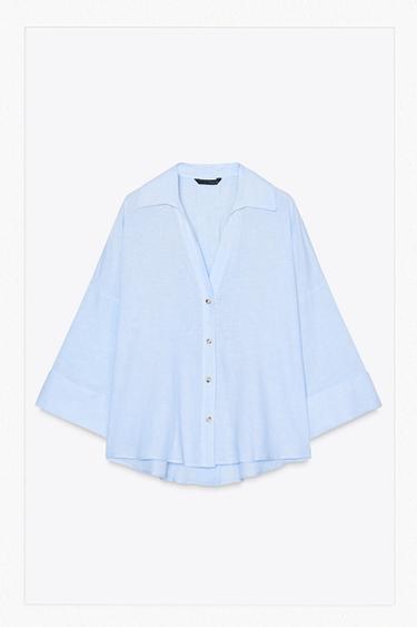 WIDE-SLEEVE LINEN BLEND SHIRT - White / Sky blue by Zara