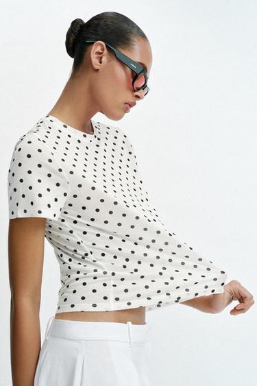 SHORT SLEEVE POLKA DOT T-SHIRT - Ecru / Black by Zara - Image 2