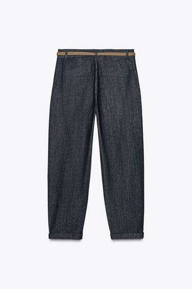 Z1975 BRAIDED BELT CHINO DENIM TROUSERS - Blue by Zara