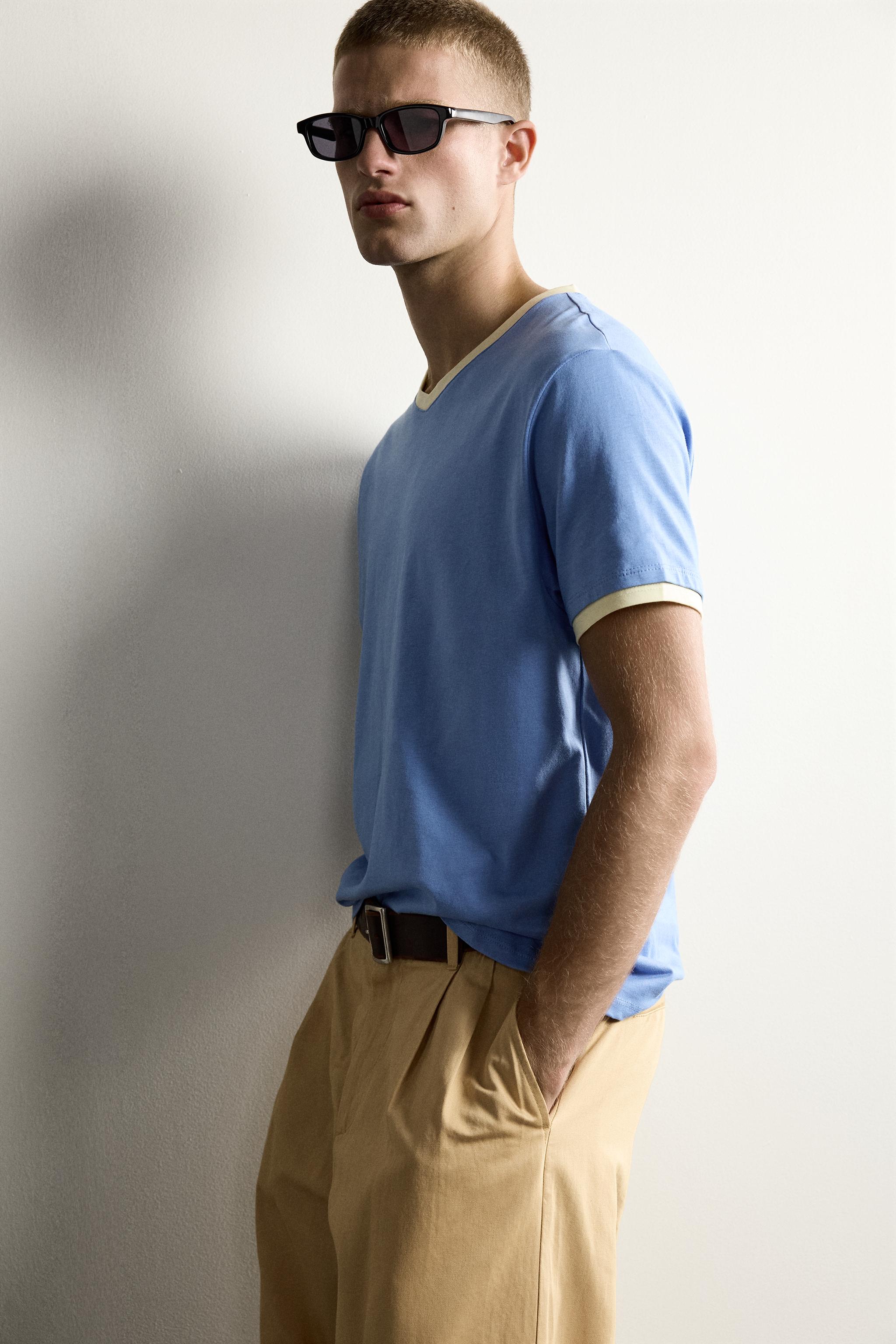 RINGER CONTRAST V-NECK RIBBED T-SHIRT