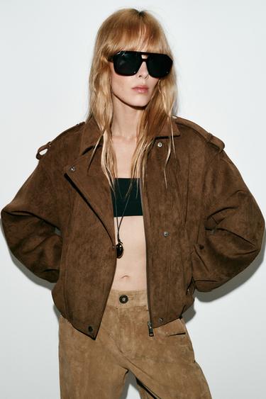 OVERSIZE FAUX SUEDE BIKER JACKET - Brown by Zara