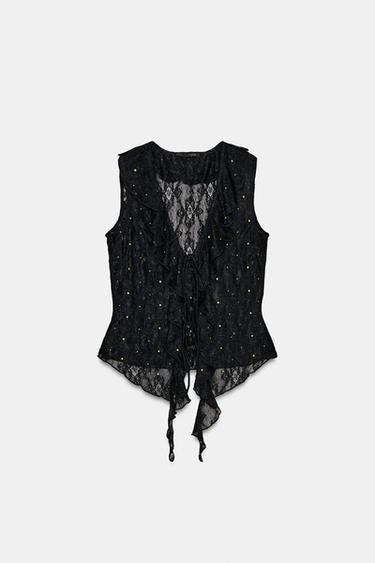 TOP ENCAJE TACHAS - Negro de Zara