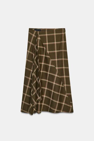 Zara 荷葉邊格紋中長裙 - 卡其色