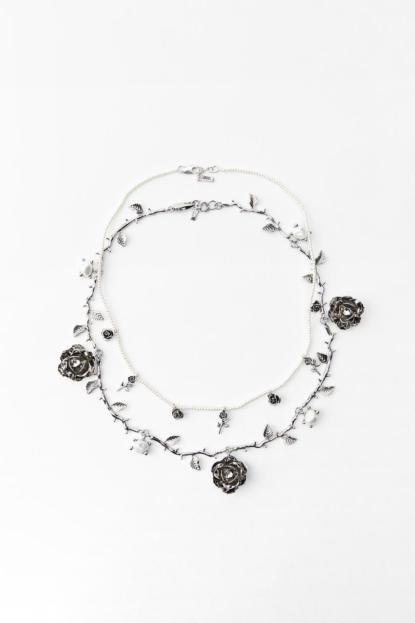 TWO PACK OF FLOWER AND PEARL NECKLACES - Silver | ZARA United States