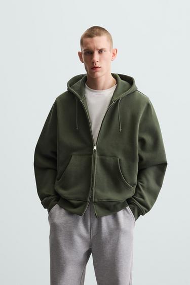 Zara HEAVYWEIGHT ZIP SWEATSHIRT - Khaki