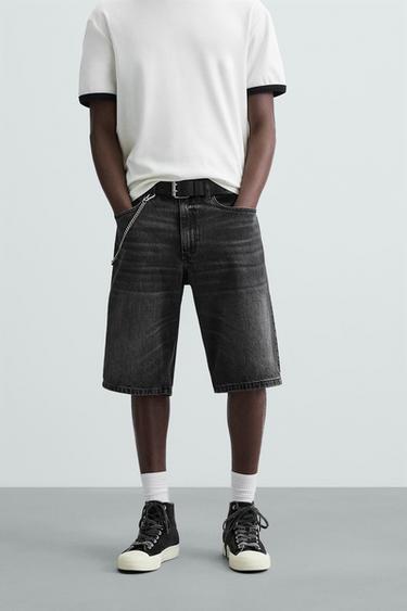 Zara BAGGY FIT DENIM SHORTS - Black