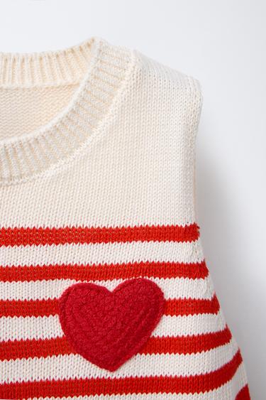 STRIPED KNIT TOP WITH HEART PATCH - Ecru / Red by Zara - Image 2
