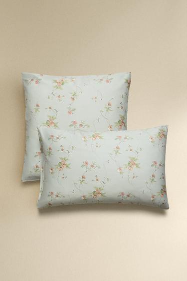 Zara SATEEN PILLOWCASE WITH FLORAL BRANCHES (300 THREAD COUNT) - Blue / Green