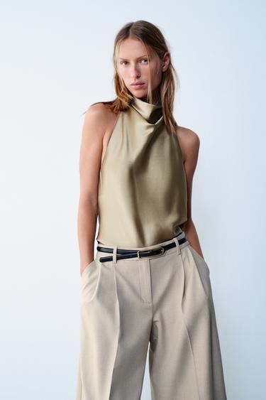 SATIN HALTER TOP — Light khaki 2