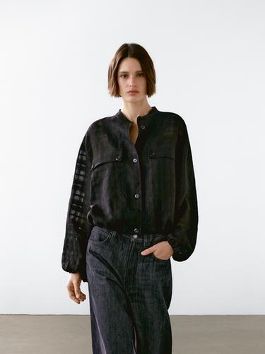 Chaqueta bomber cuadros mezcla lino - Negro de Zara