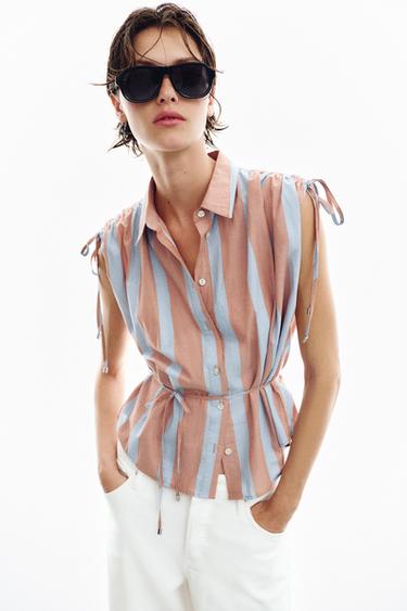 STRIPED SHIRT WITH DRAWSTRINGS - Brown-Blue by Zara - Image 5