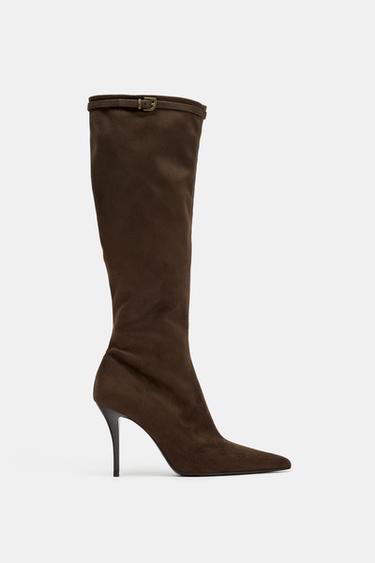 BUCKLED HIGH-HEEL BOOTS - Chocolate Brown by Zara