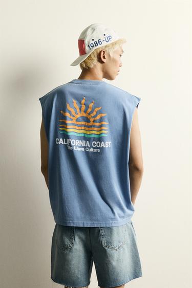 Zara RELAXED FIT CALIFORNIA PRINT TANK TOP - Light blue