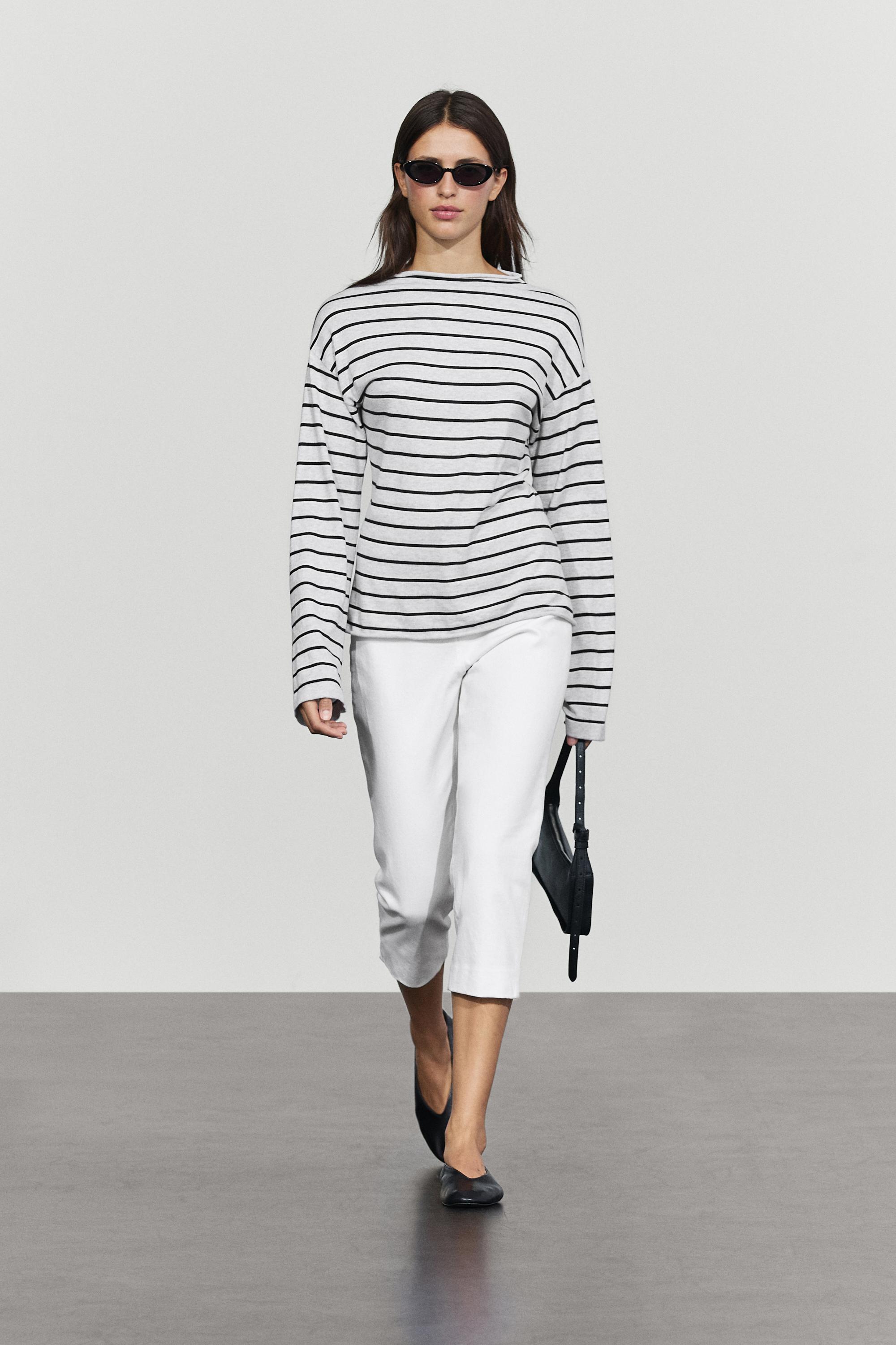 100% cotton striped knit sweater — Gray marl