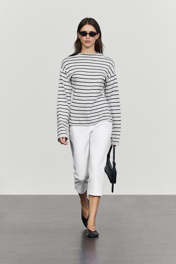 Zara 100% cotton striped knit sweater - Gray marl - Image 0