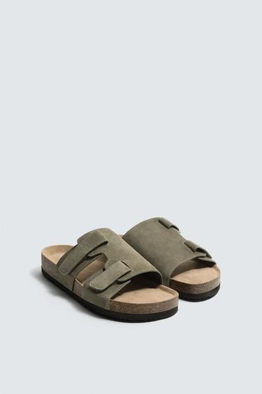 Zara LEATHER STRAP SANDALS - Green