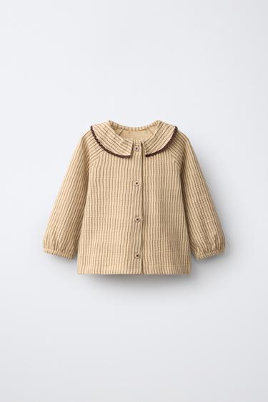 Zara STRIPED TEXTURED LACE-TRIM T-SHIRT - Ocher