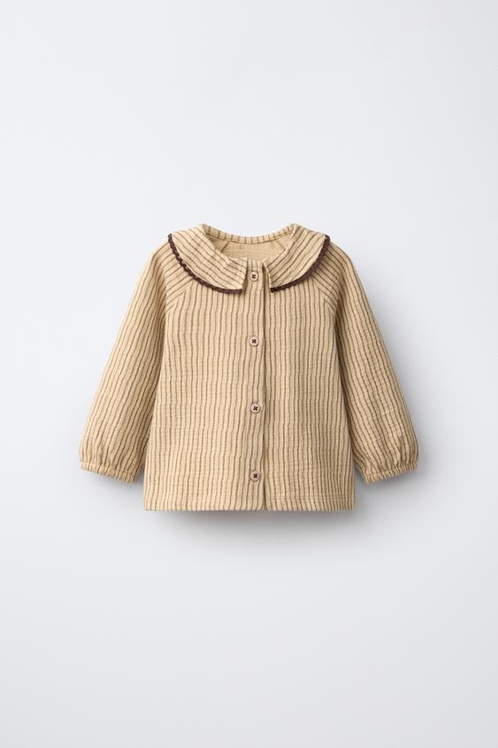 TEXTURED STRIPED LACE-TRIM T-SHIRT - Ochre by Zara - Image 0