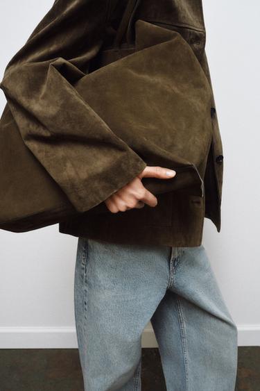 SPLIT SUEDE MAXI TOTE BAG - Khaki Green by Zara