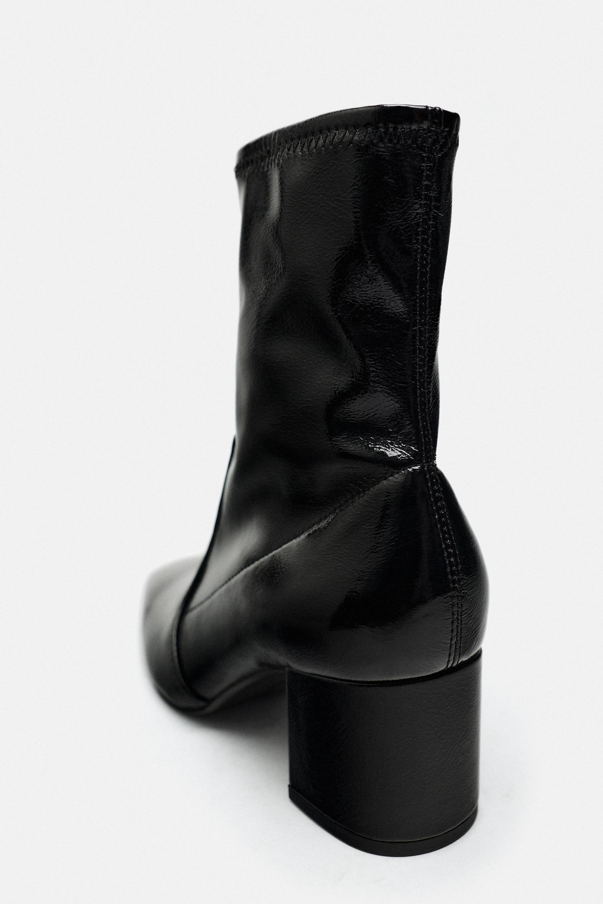 Patent Block Heel Ankle Boots - Black