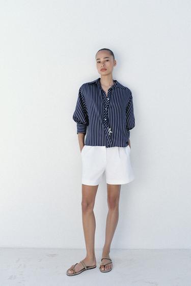 CAMISA RAYAS MANGA ABULLONADA - Marino / Blanco de Zara