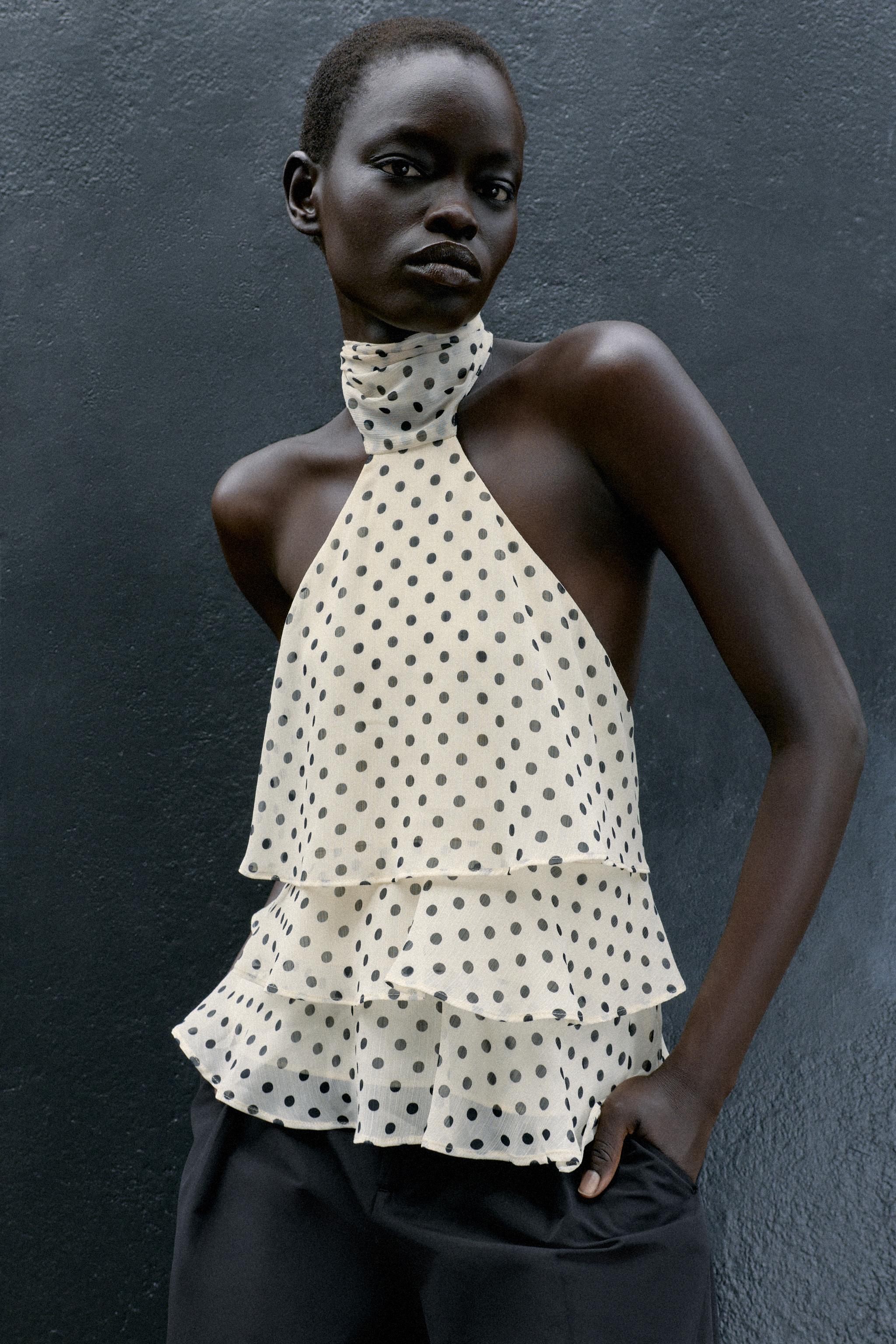POLKA DOT RUFFLED HALTER TOP — Ecru / Black