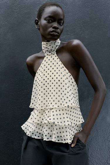 RUFFLED HALTER NECK TOP WITH DOTS - Ecru / Black by Zara