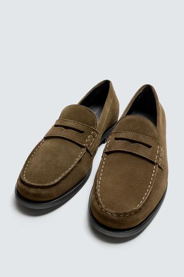 LEATHER PENNY LOAFERS - Khaki Green by Zara - Image 1
