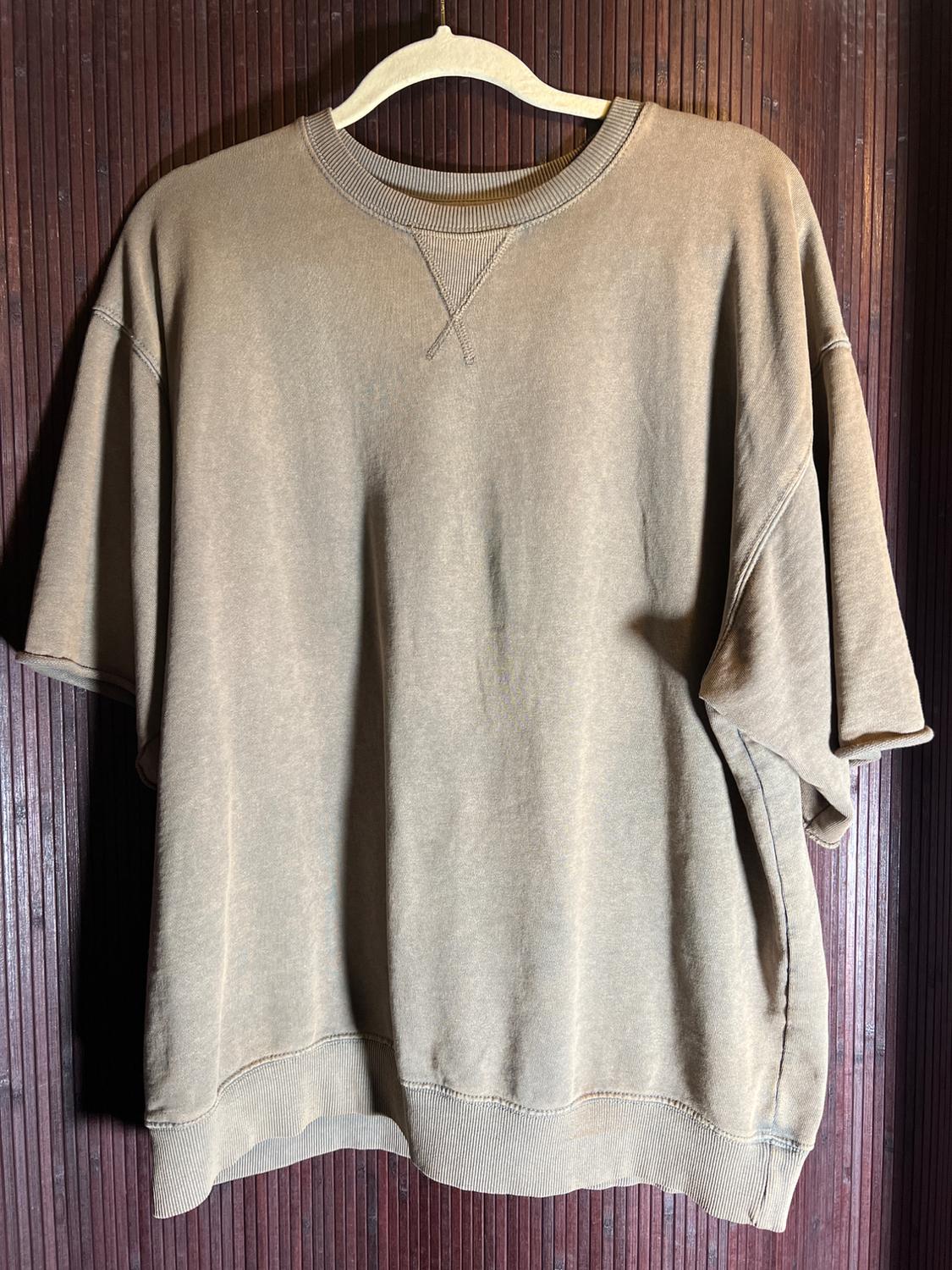 Beige short-sleeved T-shirt hanging on a wooden hanger against a dark wood panel background.